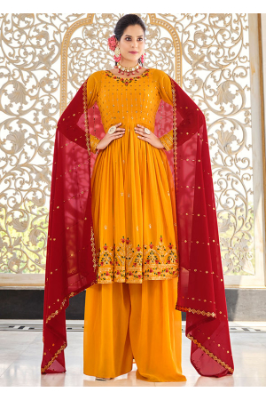 Golden Yellow Embroidered Georgette Readymade Palazzo Kameez