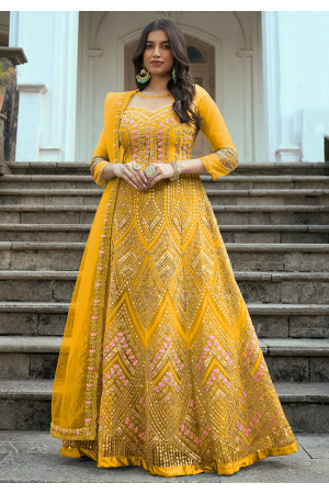 Golden Yellow Embroidered Net Anarkali Suit