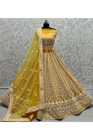 Golden Yellow Embroidered Net Lehenga Choli