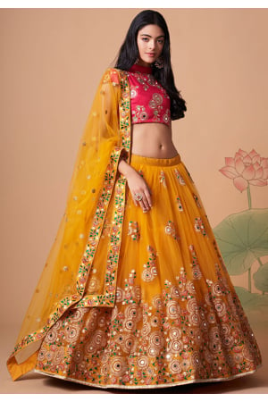 Golden Yellow Embroidered Net Lehenga Choli