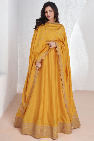 Golden Yellow Embroidered Silk Anarkali Gown with Dupatta for Ceremonial