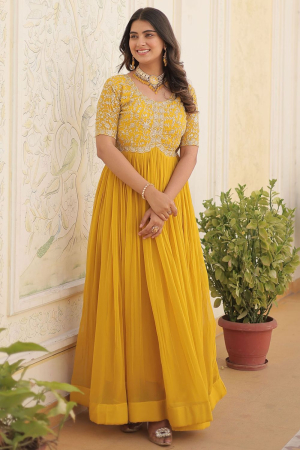 Golden Yellow Faux Georgette Embroidered Gown