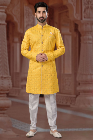 Golden Yellow Heavy Wedding Wear Indo Sherwani