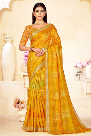 Golden Yellow Linen Silk Digital Printed Saree