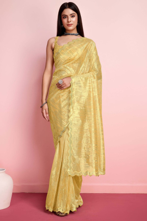 Golden Yellow Net Embroidered Party Wear Saree