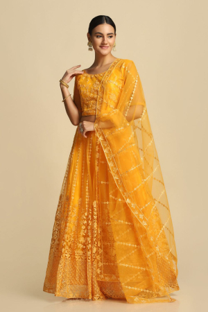 Golden Yellow Net Partywear Lehenga Choli Set