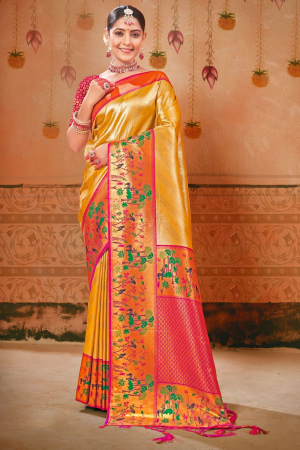Golden Yellow Paithani Silk Zari Woven Saree
