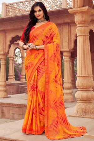 Golden Yellow Printed Chiffon Casual Saree