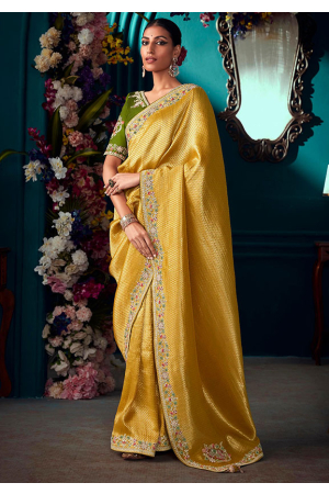 Golden Yellow Pure Banarasi Kanjivaram Silk Embroidered Saree