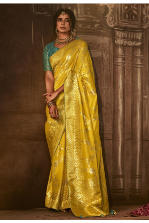 Golden Yellow Pure Dola Silk Woven Saree