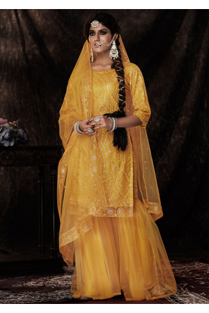 Golden Yellow Sequins Embroidrered Net Sarara Kameez