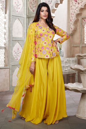 Golden Yellow Silk Designer Sarara Kameez Suit