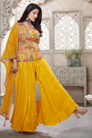 Golden Yellow Silk Designer Sarara Kameez Suit