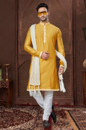 Golden Yellow Silk Embroidered Kurta Set