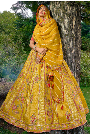Golden Yellow Silk Heavy Embroidered Lehenga Choli Set