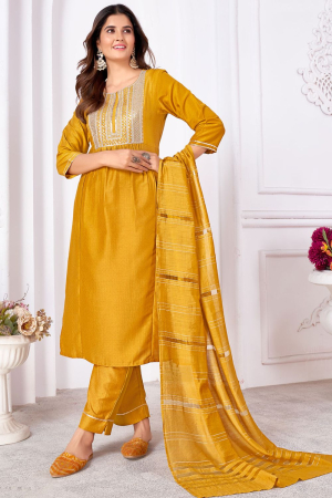 Golden Yellow Silk Sequins Embroidered Pant Kameez Suit