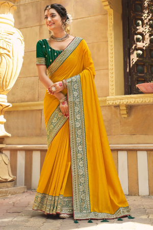 Golden Yellow Silk Zari Embroidered Saree