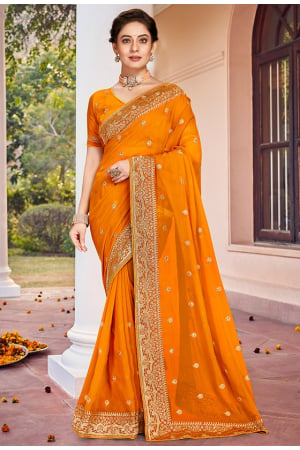 Golden Yellow Zari Embroidered Georgette Saree