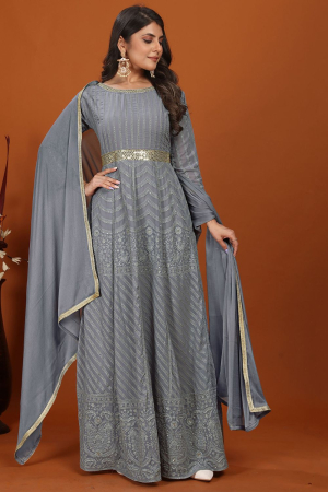 Graphite Grey Embroidered Faux Georgette Gown with Dupatta