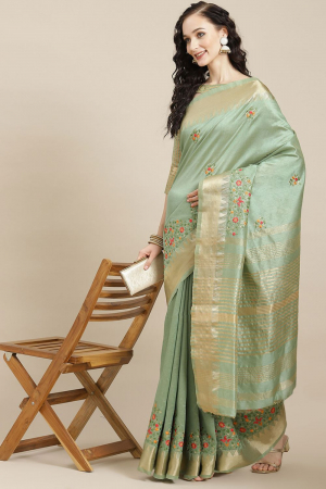 Green Assam Cotton Silk Thread Embroidery Work Party Wear Saree