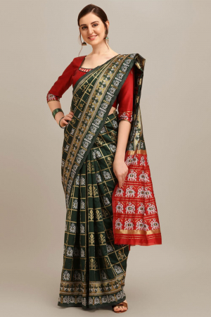 Green Banarasi Cotton Silk Patola Pattern Weaving Printed Party Wear Saree