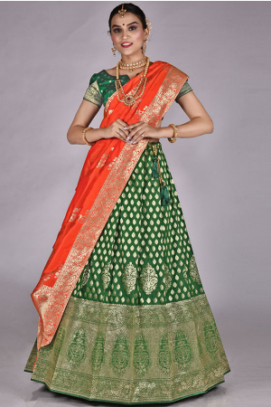 Green Banarasi Silk Zari Work Lehenga Choli Set