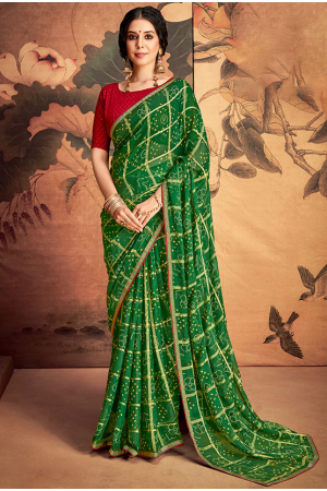 Green Bandhani Printed Saree