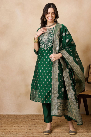 Green Chanderi Silk Embroidered Kurta Set with Jacquard Dupatta