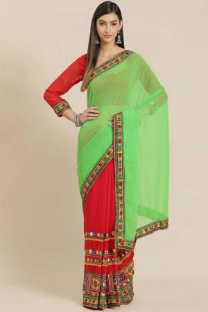 Green Georgette Half and Half Embroidery Work Party Wear Saree