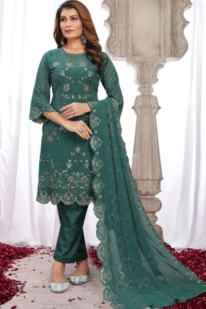 Green Heavy Faux Georgette Embroidered Pant Kameez Suit