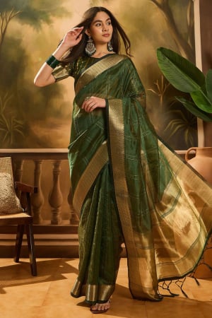 Green Khadi Organza Woven Jacquard Saree