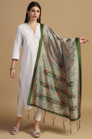 Green Printed Assam Silk Dupatta