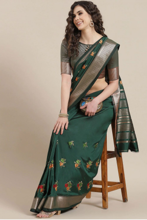 Green Soft Cotton Silk Colourful Thread Embroidery Work Party Wear Saree