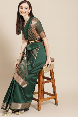Green Soft Cotton Silk Designer Golden Broad Border Party Wear Saree