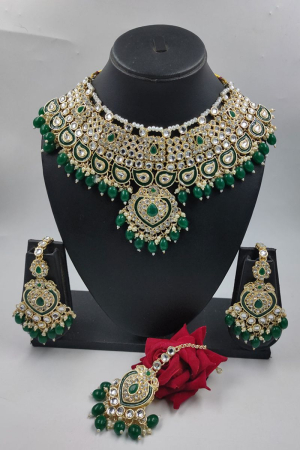 Green Stones and Pearls Studded Designer Necklace Set