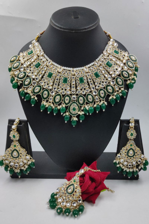 Green Stones and Pearls Studded Designer Necklace Set