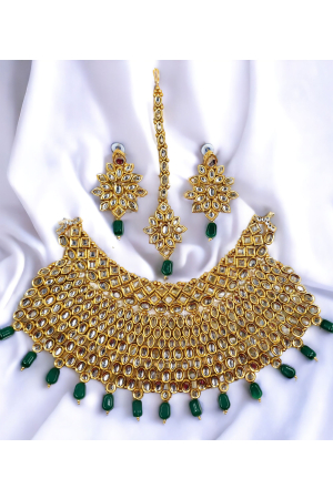Green Studded Gold Plated Choker Necklace Set