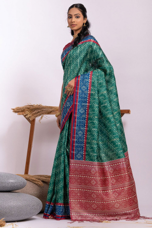 Green Tussar Silk Printed Saree