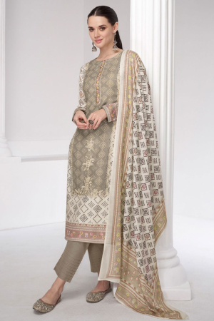 Grey and Off White Pure Jam Satin Pant Kameez Suit