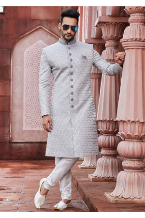 Grey Art Silk Designer Sherwani