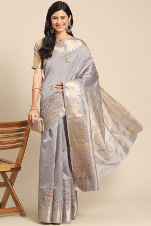 Grey Assam Cotton Silk with Golden Border And Multicolor Thread Embroidered Work Party Wear Saree