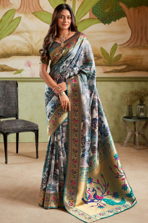 Grey Banarasi Paithani Silk Printed Saree