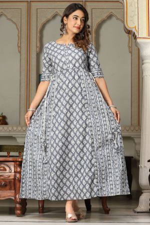 Grey Cotton Readymade Gown