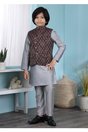 Grey Cotton Silk Kurta Pyjama Set with Jacket