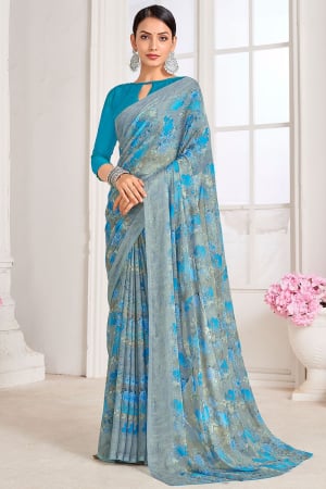 Grey Digital Print Chiffon Saree