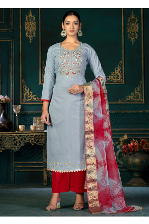 Grey Embroidered Cambric Cotton Trouser Kameez