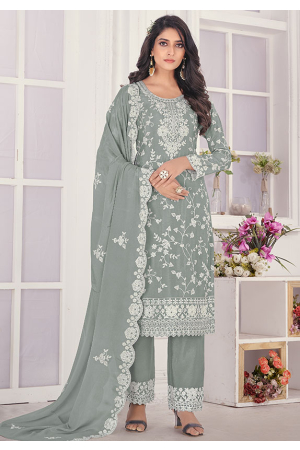 Grey Embroidered Chinnon Chiffon Trouser Kameez