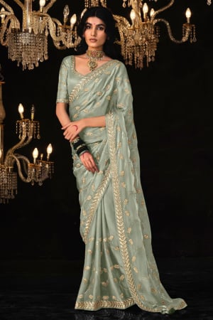 Grey Embroidered Tissue Silk Designer Saree