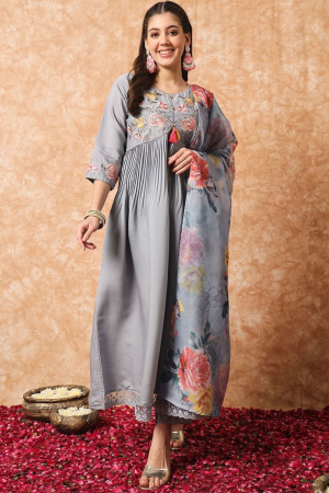 Grey Embroidered Viscose Readymade Pant Kameez