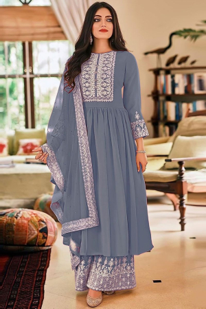 Grey Georgette Embroidered Palazzo Suit